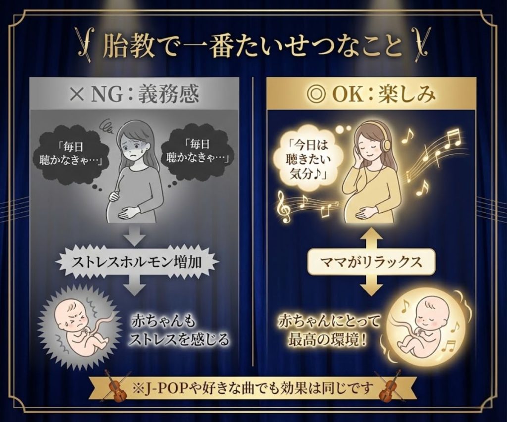 胎教におけるNGとOKの考え方。義務感で聴くより、母親が楽しんでリラックスすることが胎児にとって最良の環境であることを図解