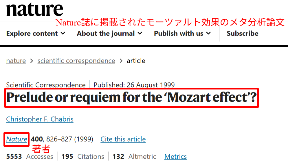 Nature誌に掲載されたモーツァルト効果のメタ分析論文（Chabris, 1999）