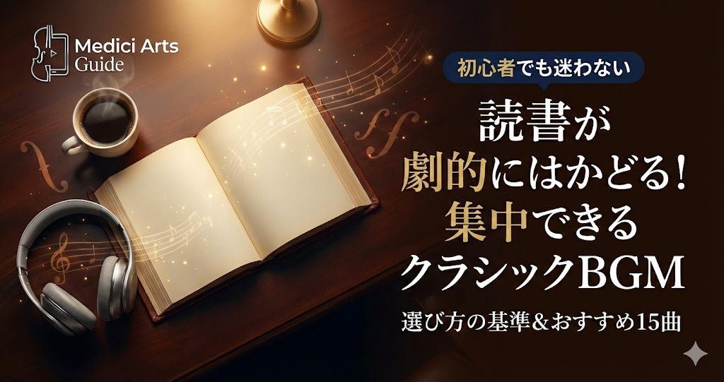 読書BGMにおすすめのクラシック音楽特集のアイキャッチ。集中できる曲の選び方とおすすめ15曲を紹介。