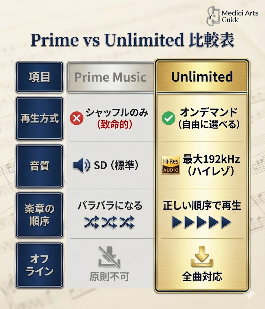Amazon Music PrimeとUnlimitedの比較表。クラシック鑑賞における再生方式、音質、オフライン機能の違いを解説