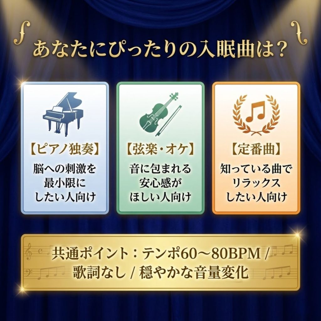 睡眠用クラシック音楽の選び方。ピアノ独奏、弦楽、定番曲の3タイプと共通する3つのポイントを解説