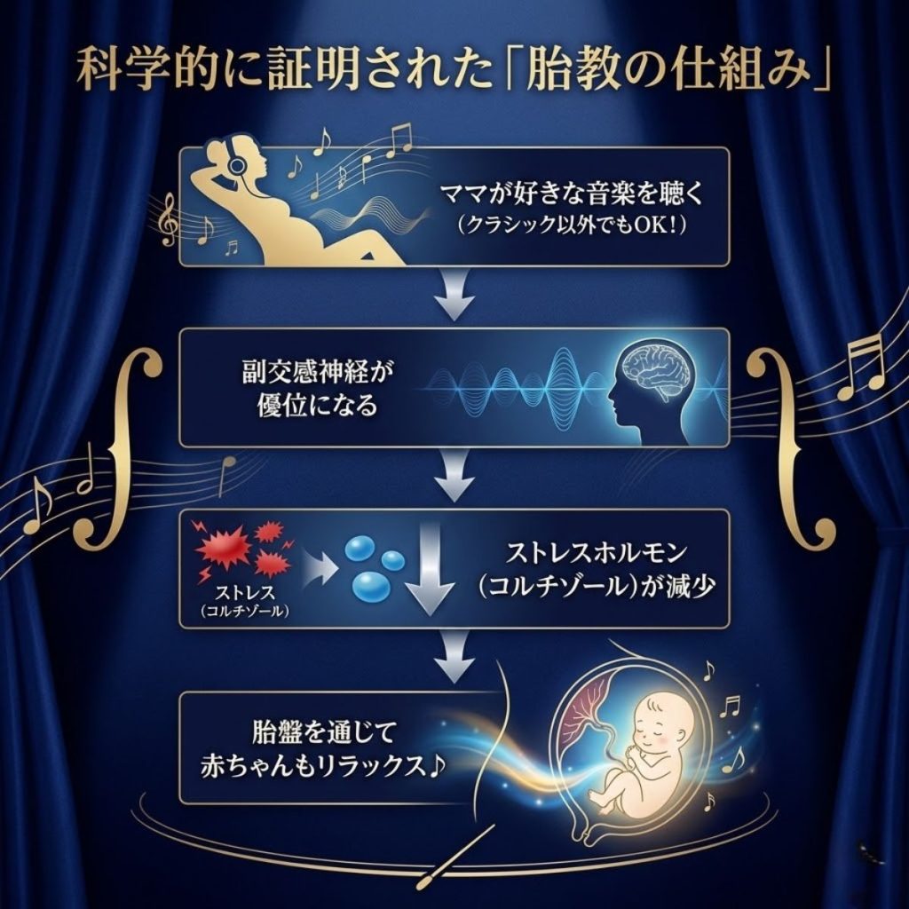 胎教の科学的メカニズム。母親が音楽でリラックスするとストレスホルモンが減少し、胎盤を通じて胎児に良い影響を与える流れを図解