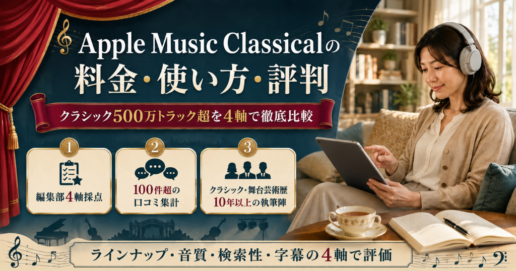 Apple Music Classicalの料金・使い方・評判を編集部が4軸で比較した結果まとめ図