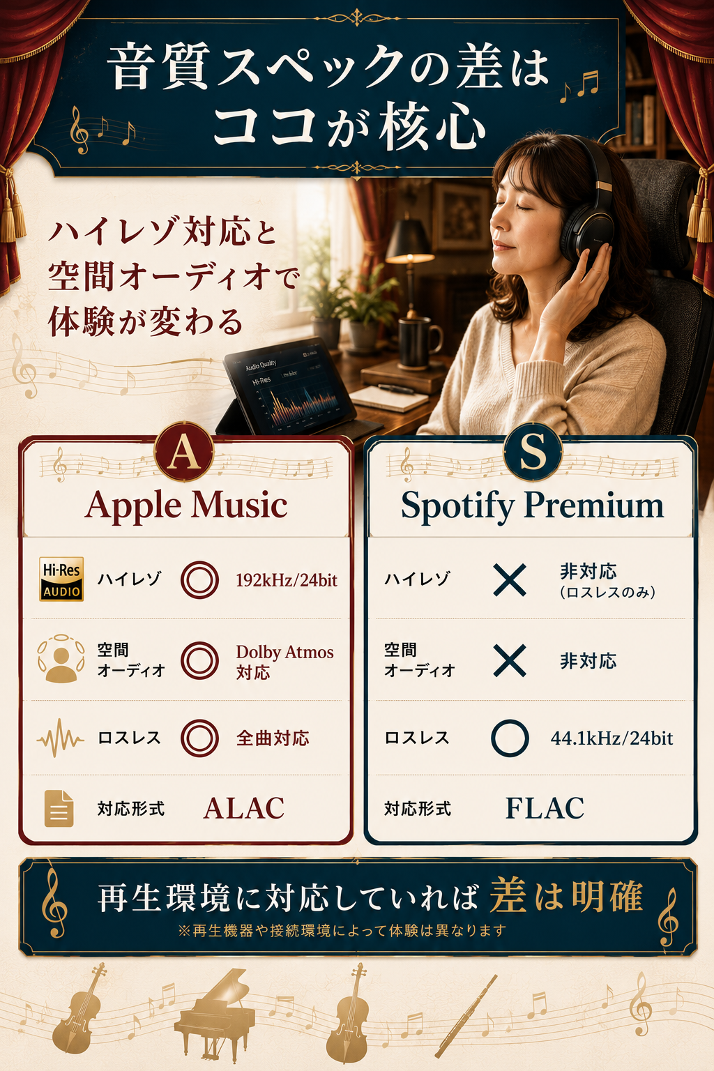 Apple Musicは192kHz/24bitハイレゾ・Spotifyは44.1kHz/24bitロスレスの音質スペック対比