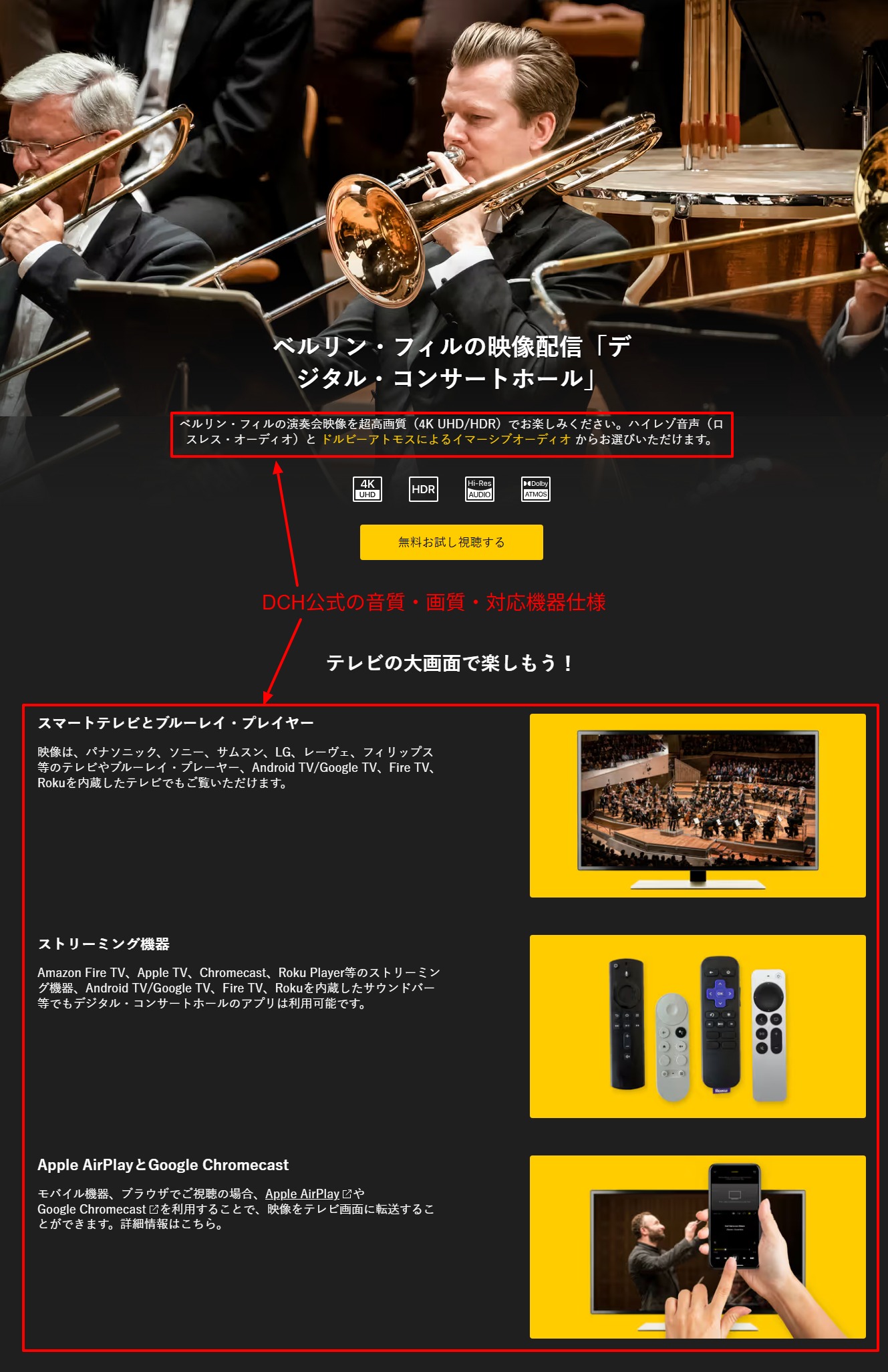 DCH公式サイトの音質・画質仕様表示。4K UHD/HDR映像・ハイレゾ音声・ドルビーアトモス対応機器の公式記載