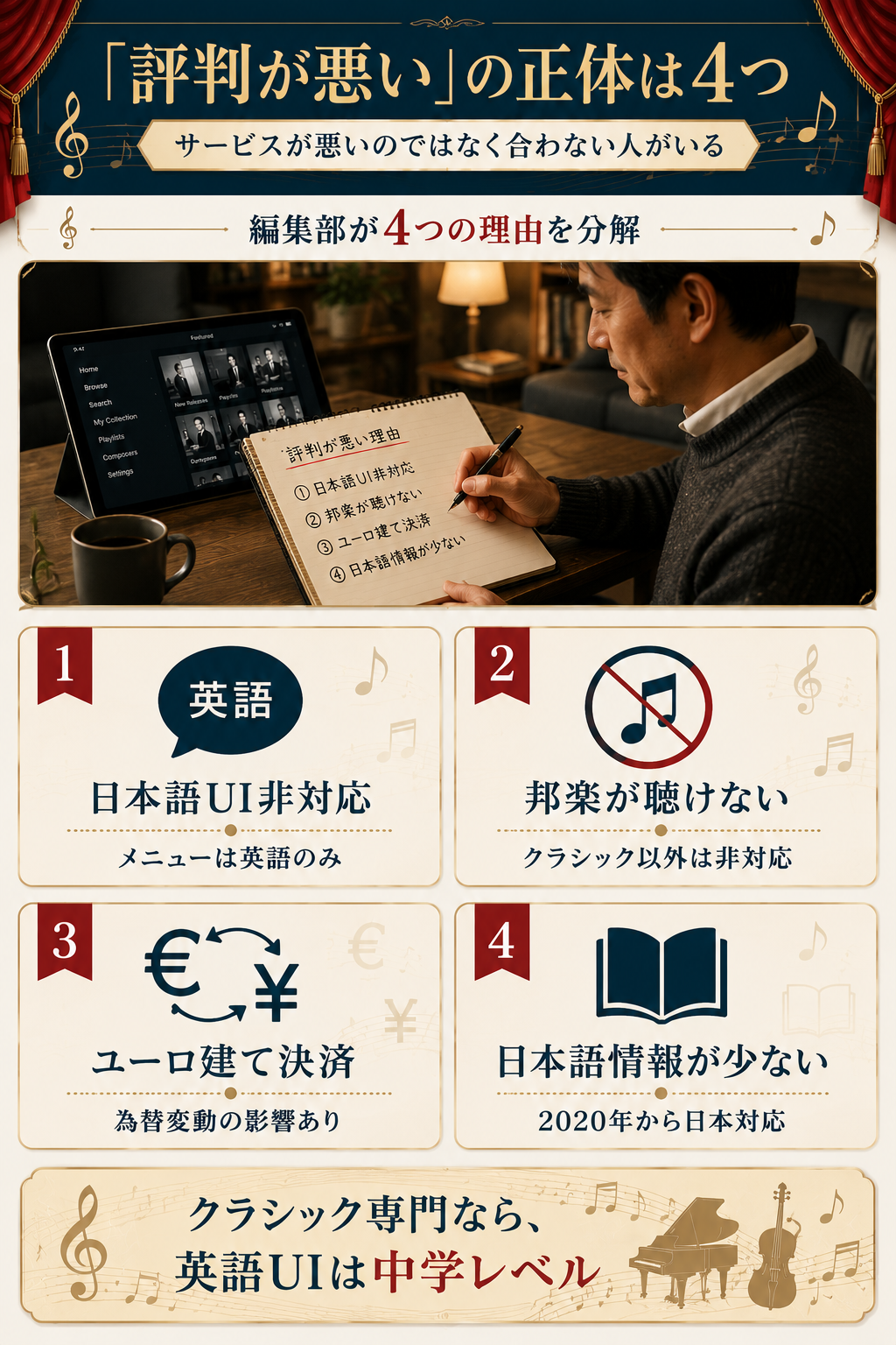 IDAGIOの評判が悪いと言われる4つの理由(英語UI/邦楽非対応/ユーロ建て/日本語情報少)を可視化した図解