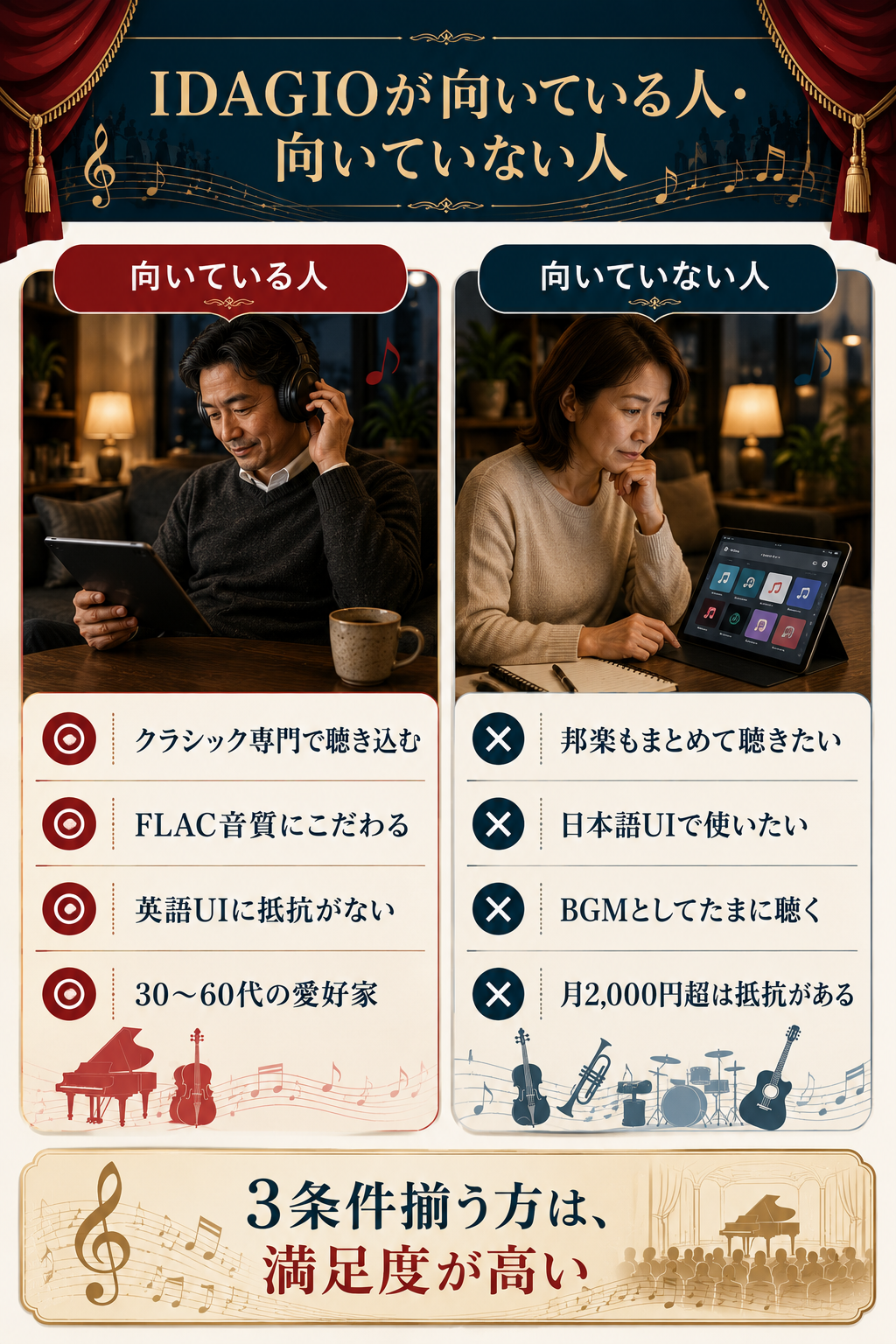 IDAGIOが向いている人(4条件)と向いていない人(4条件)を対比で整理した図解