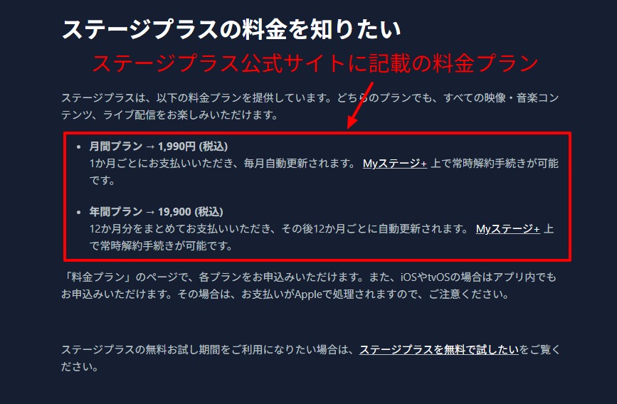 ステージプラス公式ヘルプセンターに記載された月間プラン1,990円・年間プラン19,900円(税込)の料金プラン記事スクリーンショット
