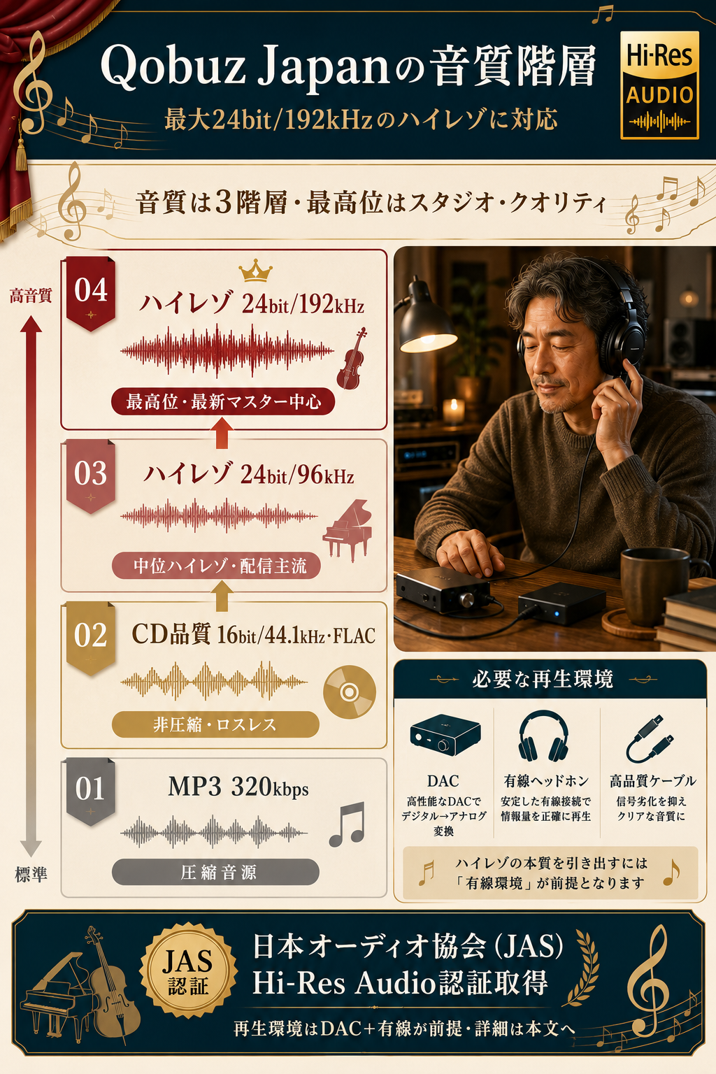 Qobuz Japanの音質階層。MP3・CD品質・24bit/96kHz・24bit/192kHzの4階層とJAS Hi-Res Audio認証