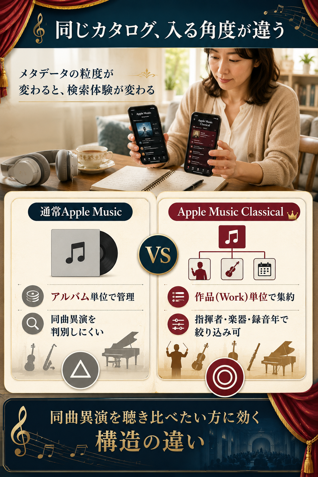 Apple Music通常版とClassicalのメタデータ・検索性の違いを「アルバム単位」vs「作品単位」で対比した図