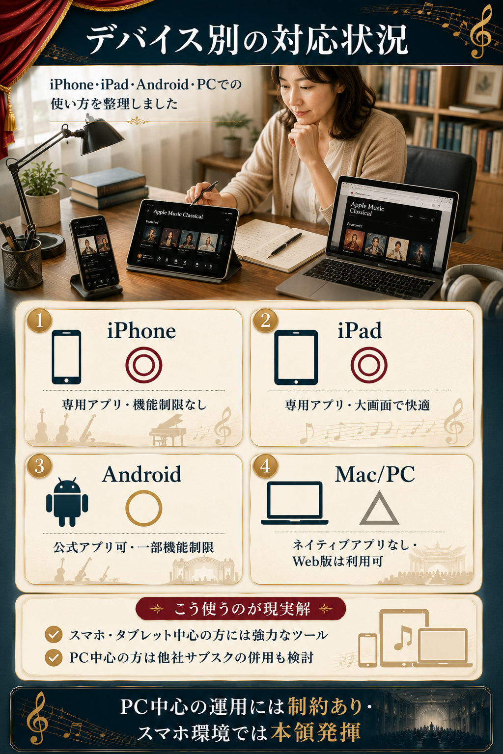 Apple Music ClassicalのiPhone/iPad/Android/Mac PC対応状況を◎○△×で整理した図