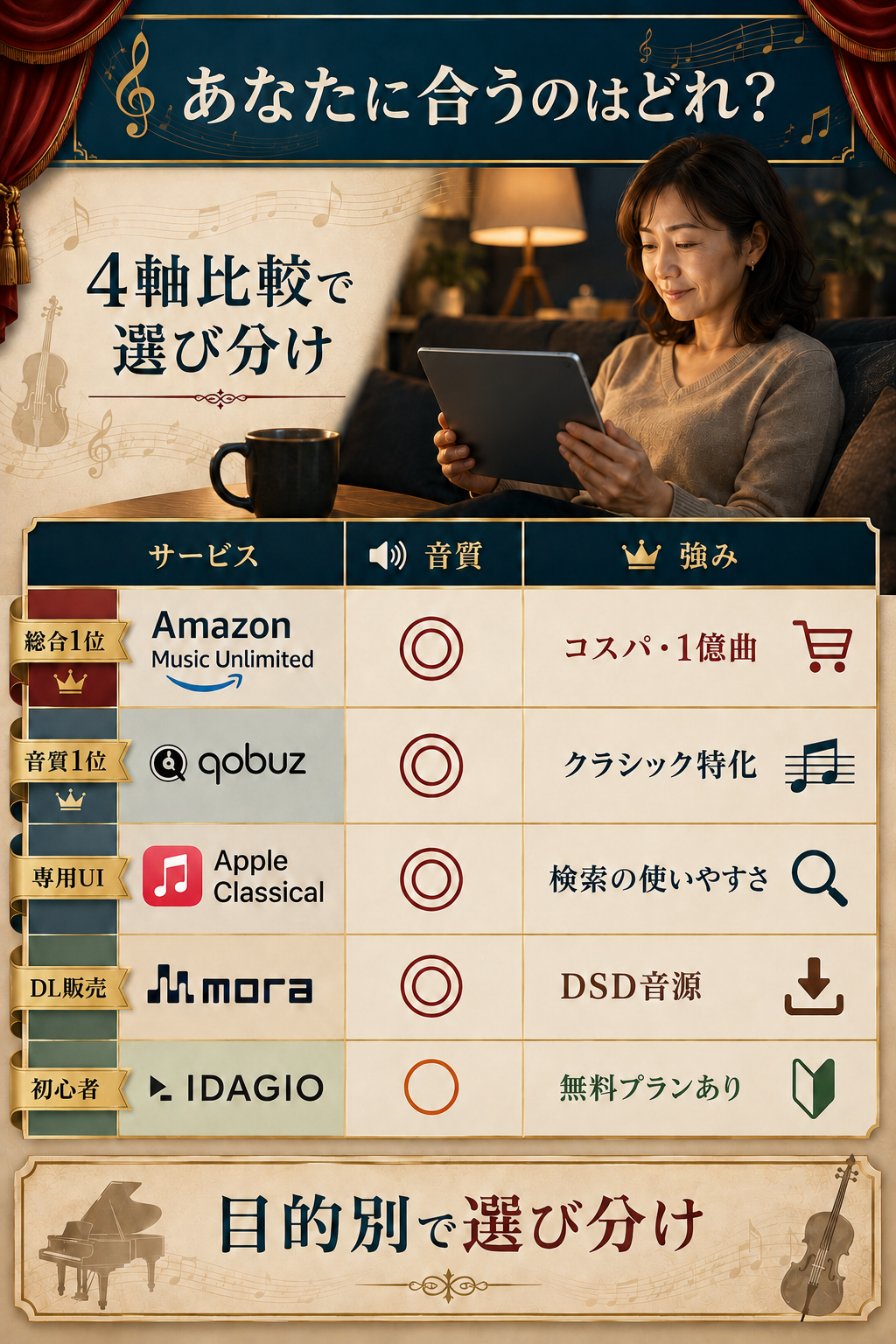 ハイレゾクラシック配信主要5サービスを音質・料金・ラインナップ・UI使いやすさの4軸で比較した一覧表