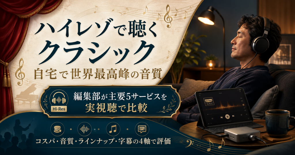 ハイレゾでクラシック音楽を聴く・編集部が主要5配信サービスを4軸で比較した記事のアイキャッチ