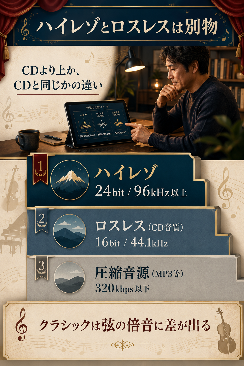 ハイレゾ・ロスレス(CD音質)・圧縮音源の3区分の違いを階層図で示した解説図解