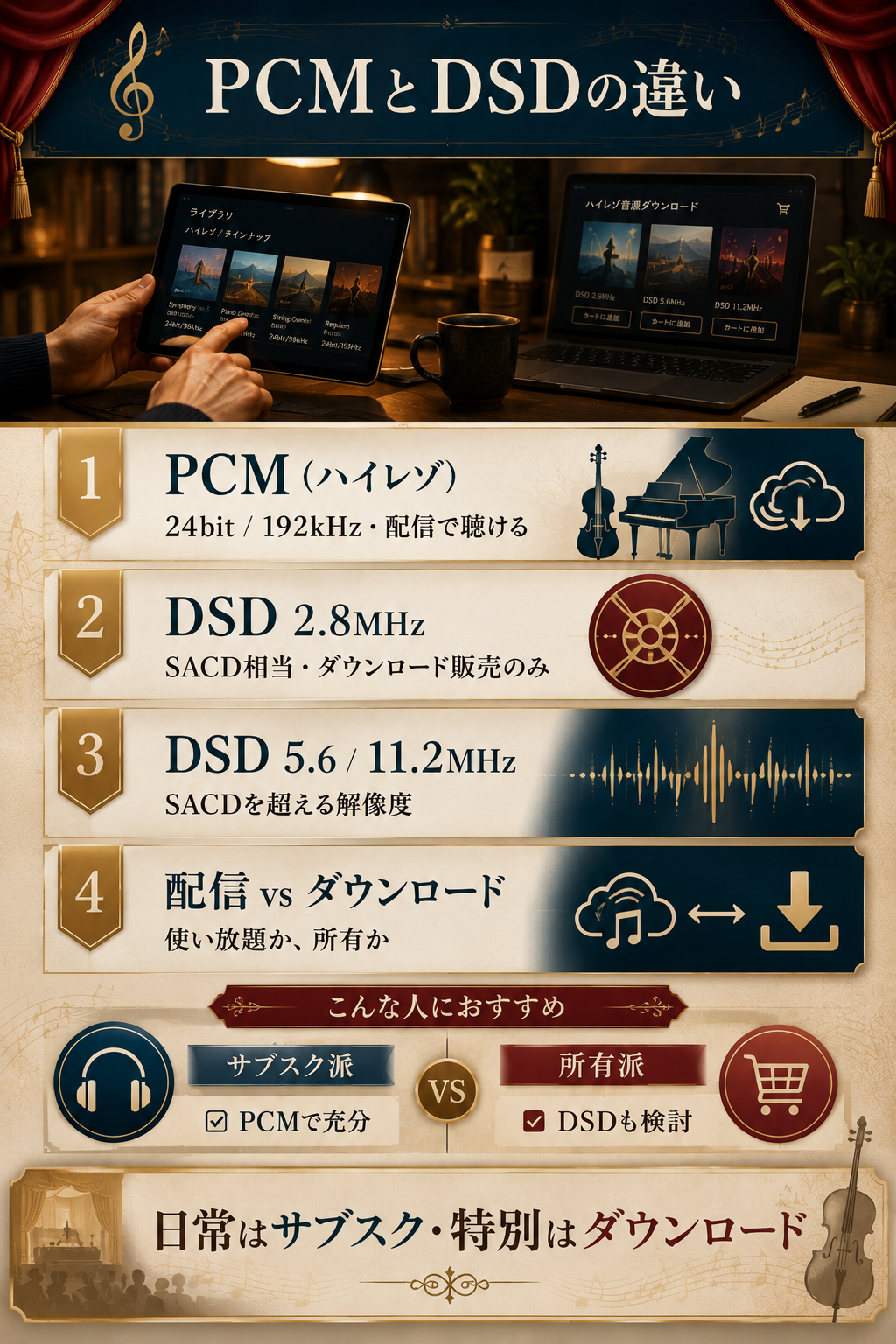 PCM音源とDSD音源の違い・サブスク配信と買い切りダウンロードの選び分けを示した図解