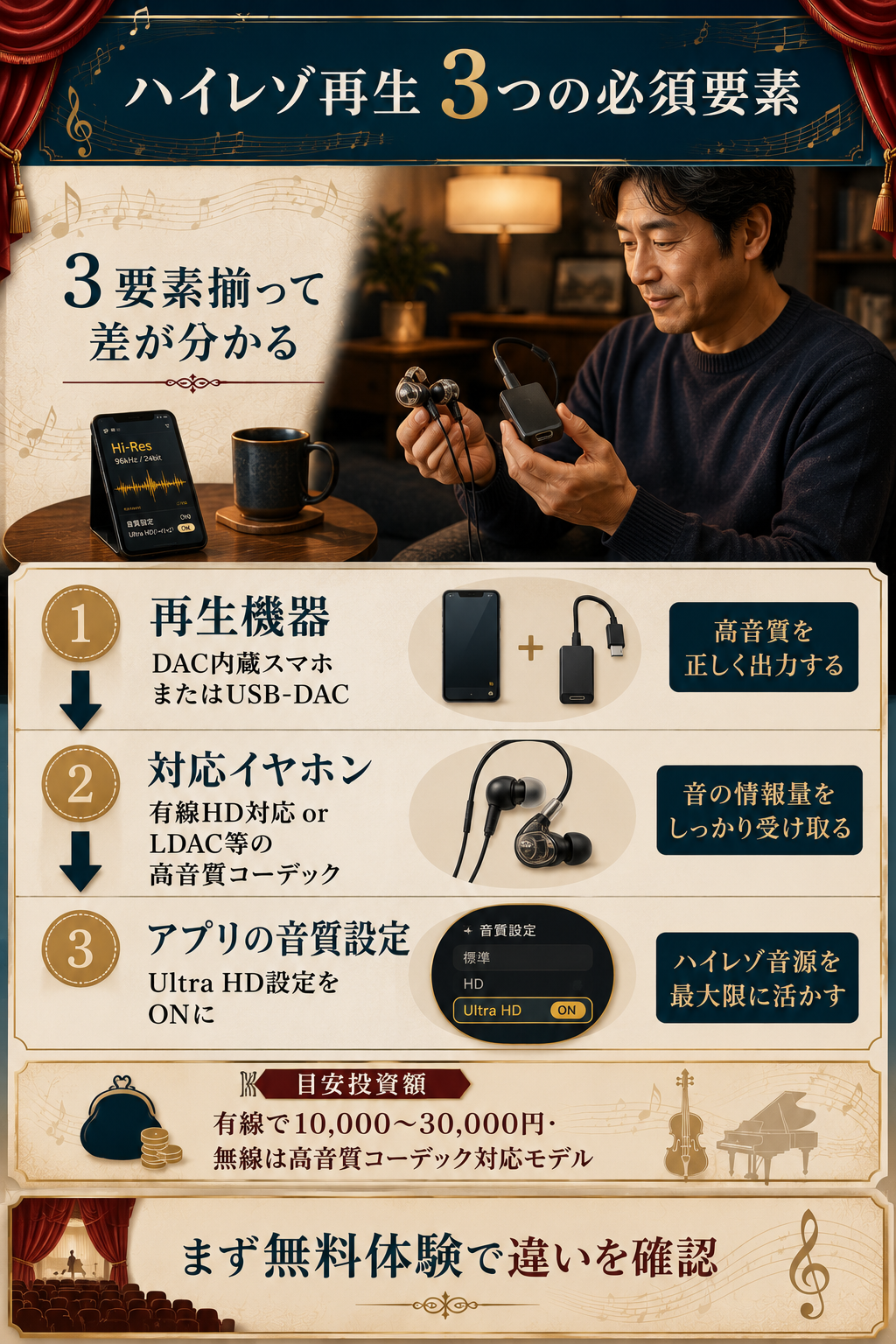ハイレゾ再生に必要な3要素(再生機器・対応イヤホン・アプリ音質設定)をステップで示した環境構築図解