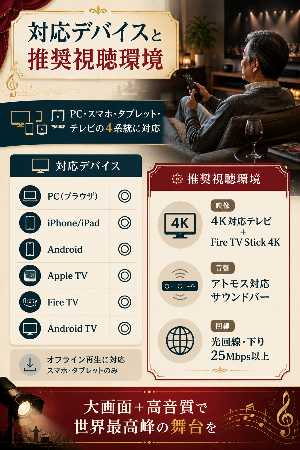 ステージプラスの対応デバイス一覧(PC・iPhone・Android・Apple TV・Fire TV)と4K・アトモス推奨環境の整理図解