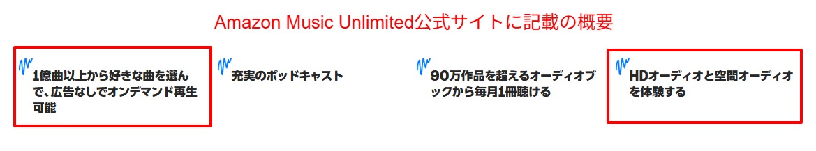 Amazon Music Unlimitedの公式ページでハイレゾと空間オーディオの対応を示した箇所のスクリーンショット