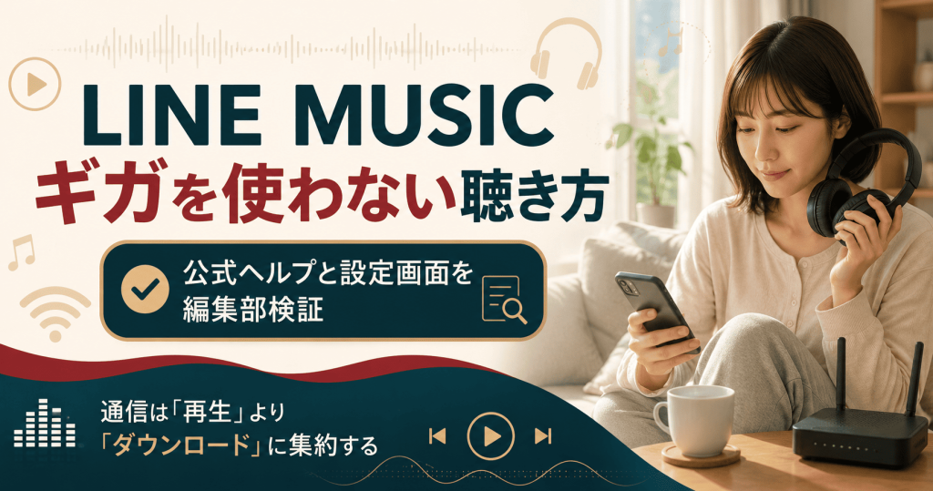 LINE MUSICでギガを使わない聴き方の全体像を示すアイキャッチ。Wi-Fi保存とオフライン再生が核心