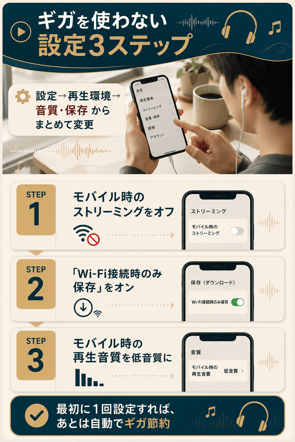 LINE MUSICでギガを使わない設定3ステップを順に示した図解。ストリーミング制限と低音質化が中心