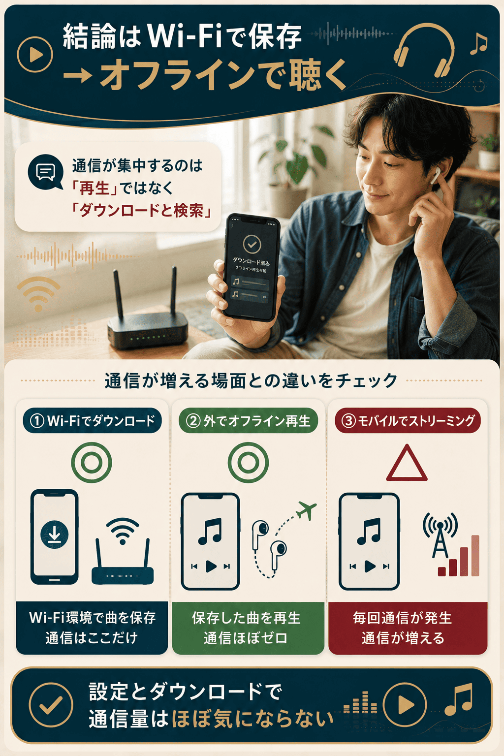 LINE MUSICでギガを使わない結論と仕組みの図解。Wi-Fi保存とオフライン再生で通信を抑えられる