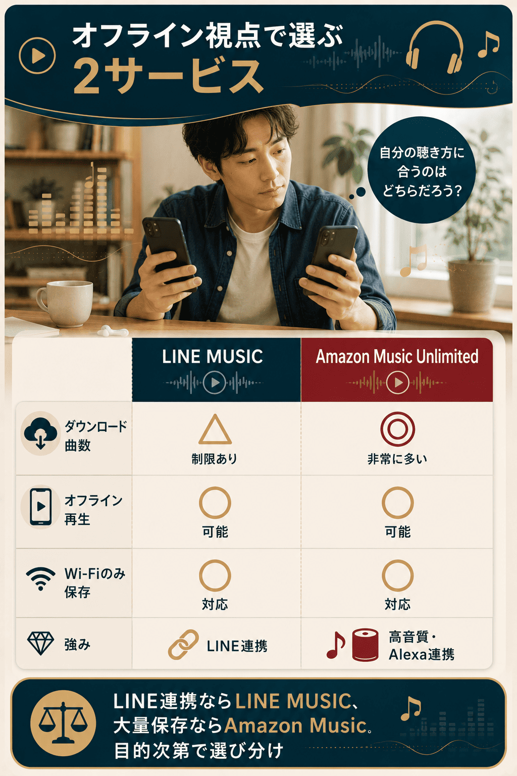 LINE MUSICとAmazon Music Unlimitedをオフライン視点で中立比較した図解。曲数と連携で選び分け