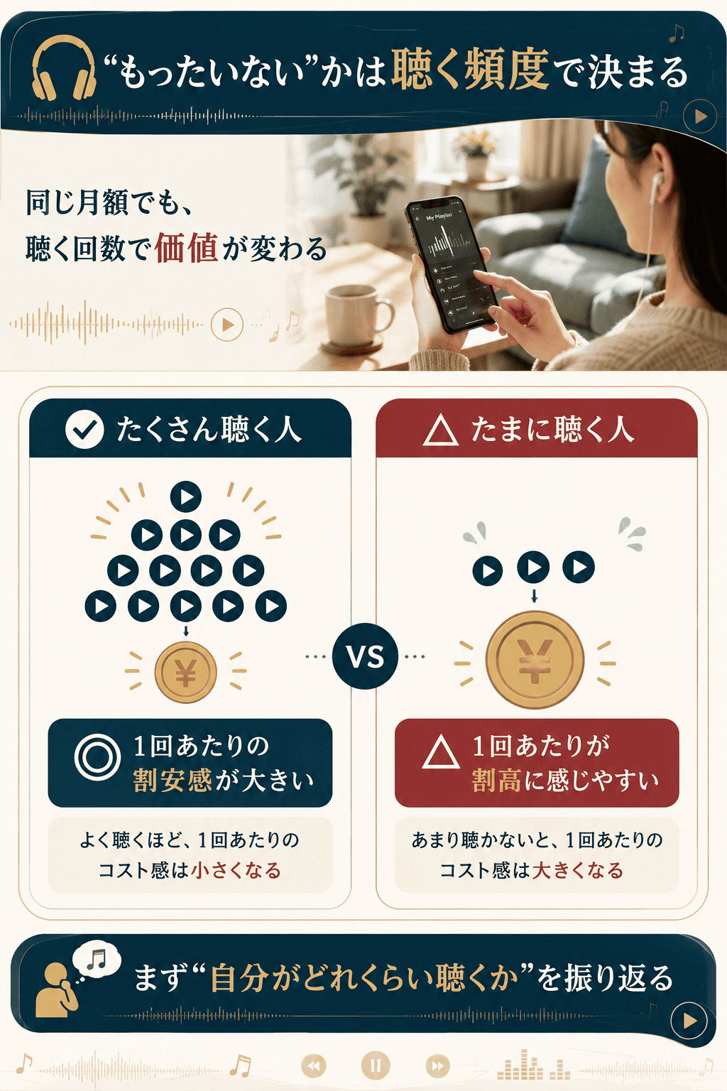 聴く頻度が高いほど1回あたりが割安に感じられる、音楽サブスクのコスト感覚を整理した図解