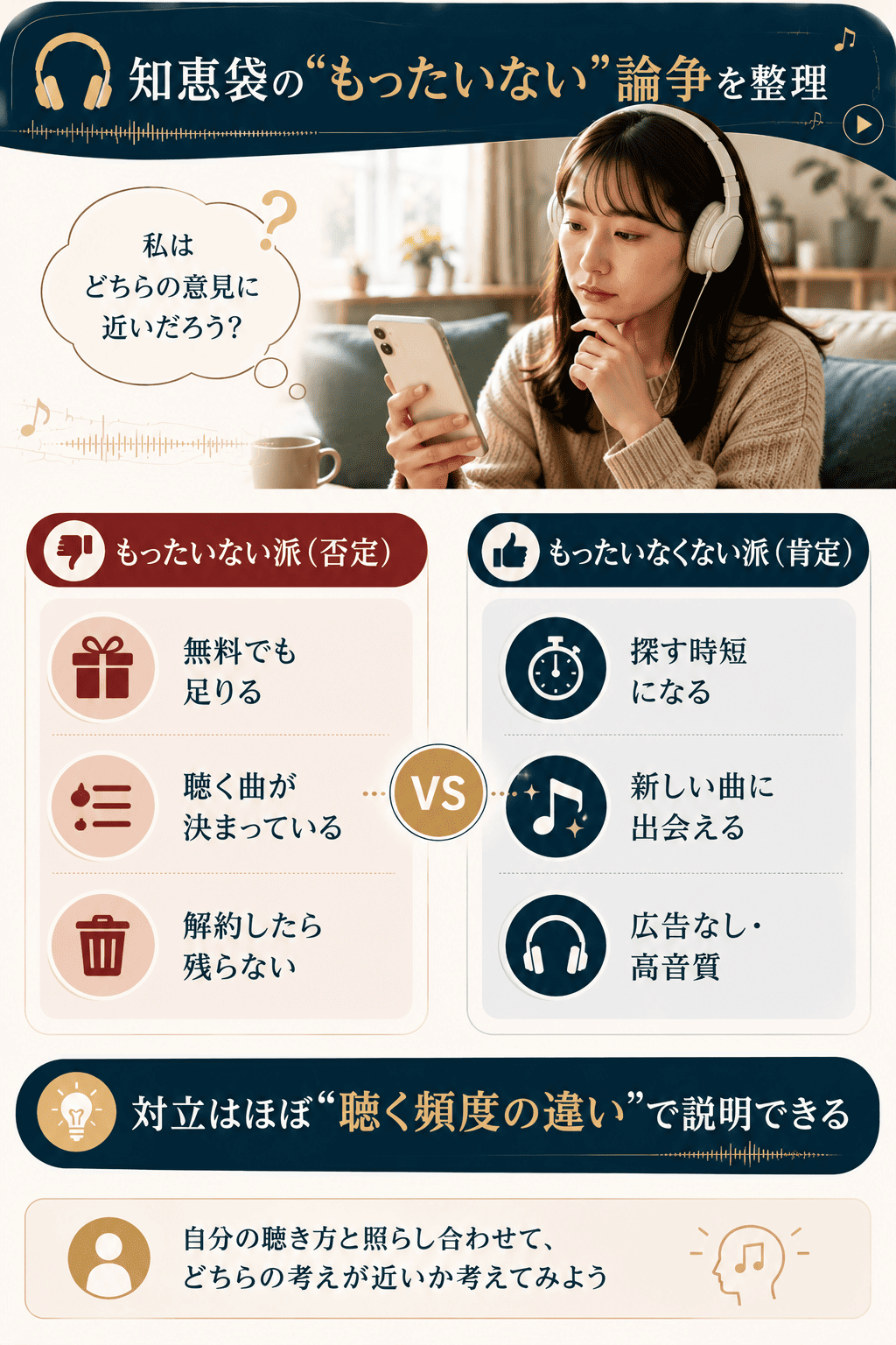 知恵袋に見られる音楽サブスク否定派と肯定派の意見を両論で整理した比較図解