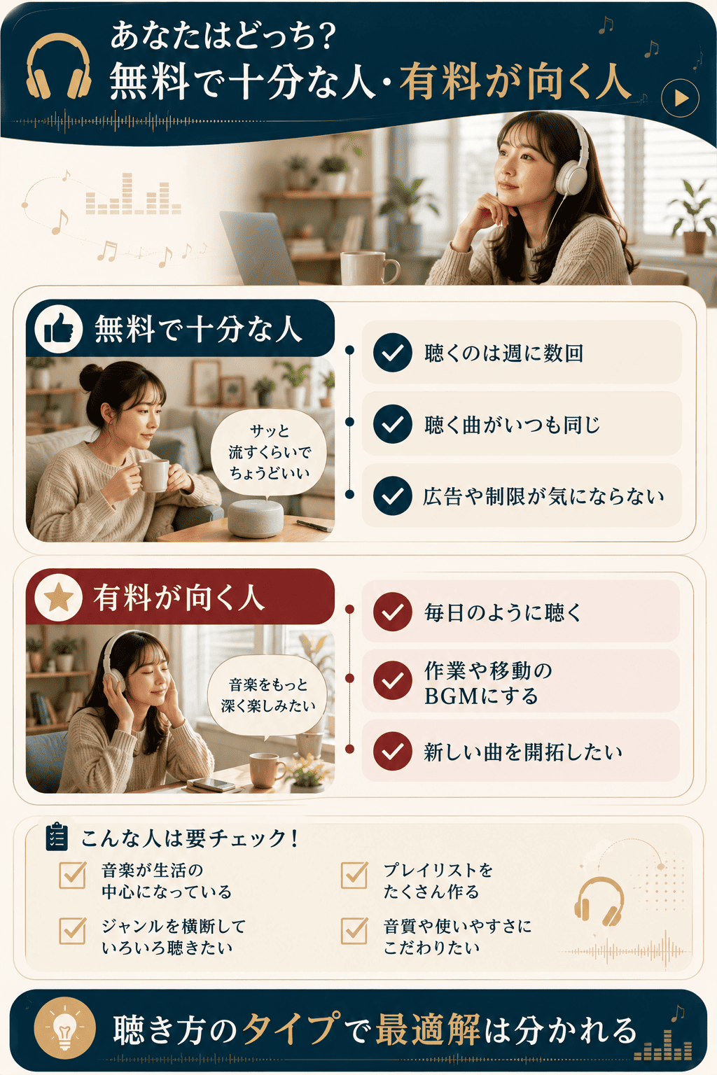 無料プランで十分な人と有料サブスクが向く人の特徴を分けて示したタイプ別図解