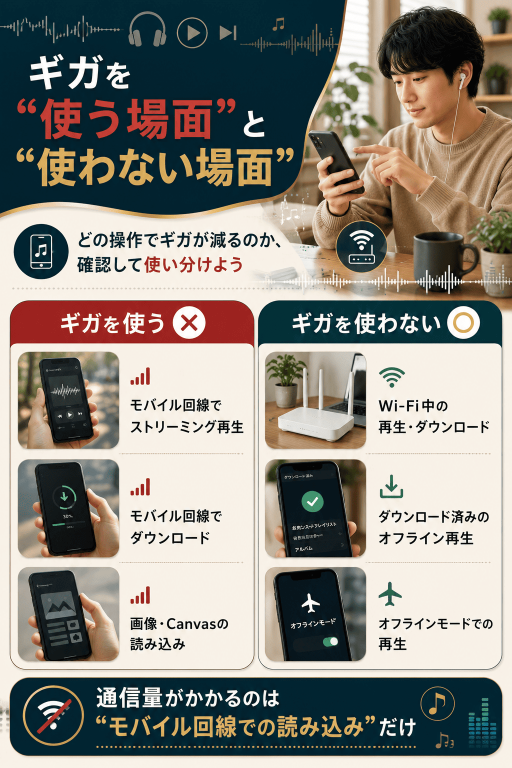 Spotifyがギガを使う場面と使わない場面を対比した図解。通信量がかかるのはモバイル回線での読み込み時だけと整理している