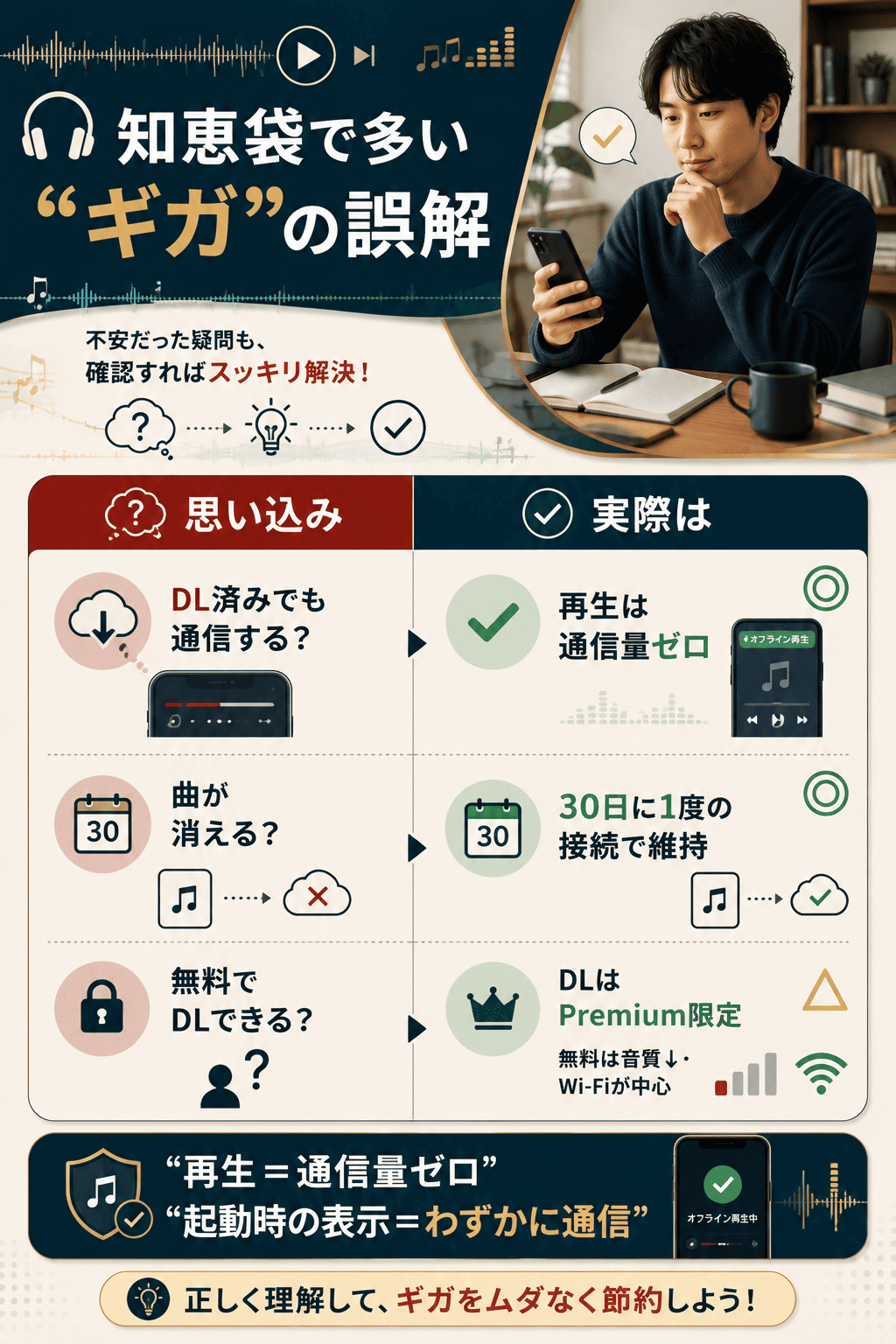 知恵袋で多いSpotifyのギガの誤解を思い込みと実際で整理した図解。ダウンロード済みの再生は通信量ゼロと示している
