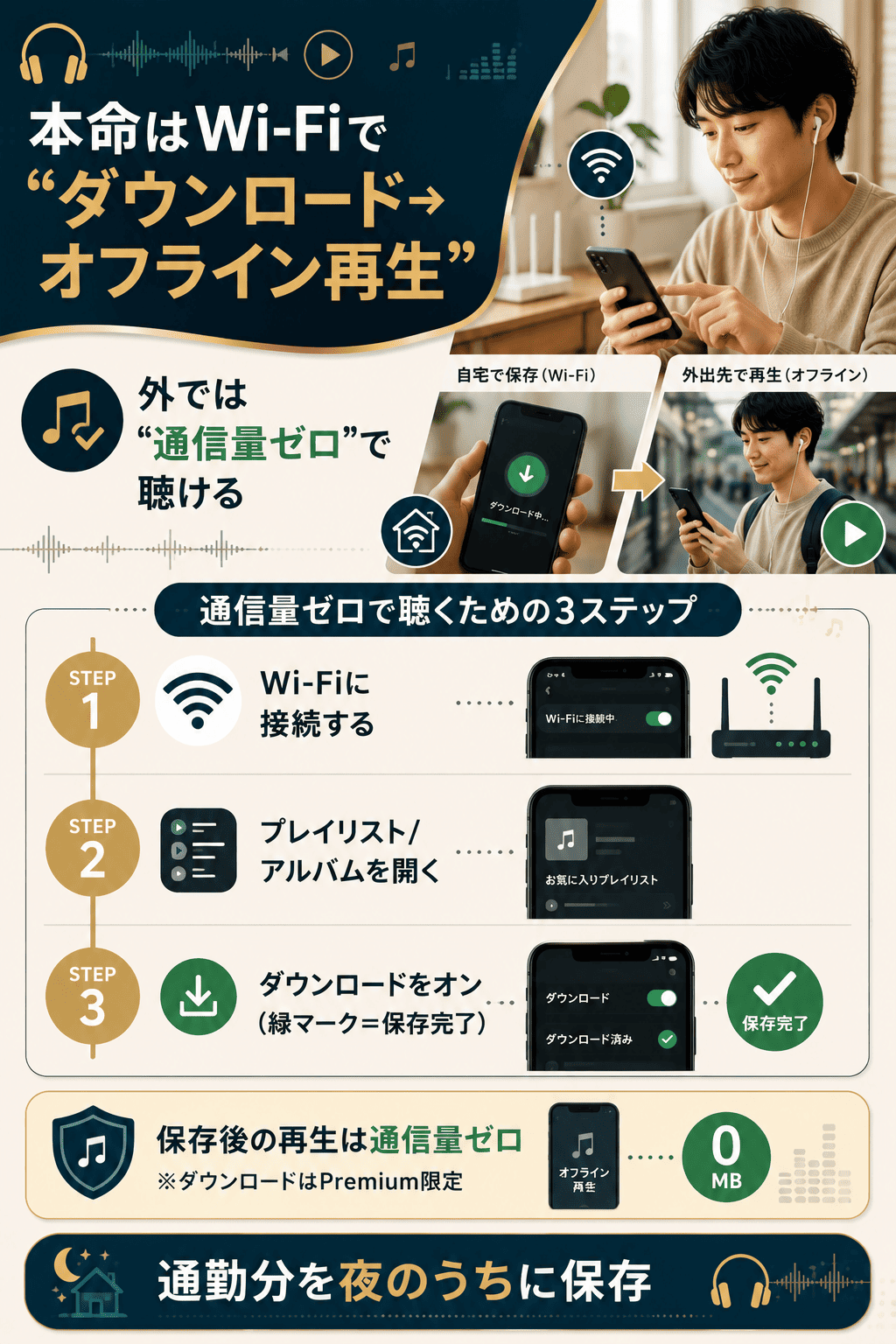 Wi-Fiでダウンロードしてオフライン再生する3ステップを示した図解。保存後は通信量ゼロで聴けることを安心の場面で表現