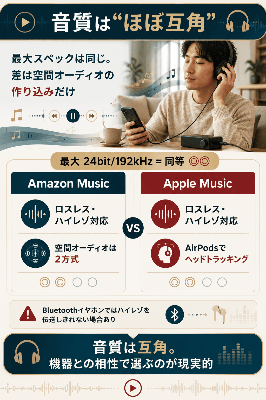 Amazon MusicとApple Musicの音質を比較し、最大24bit/192kHzで互角だと示す図解