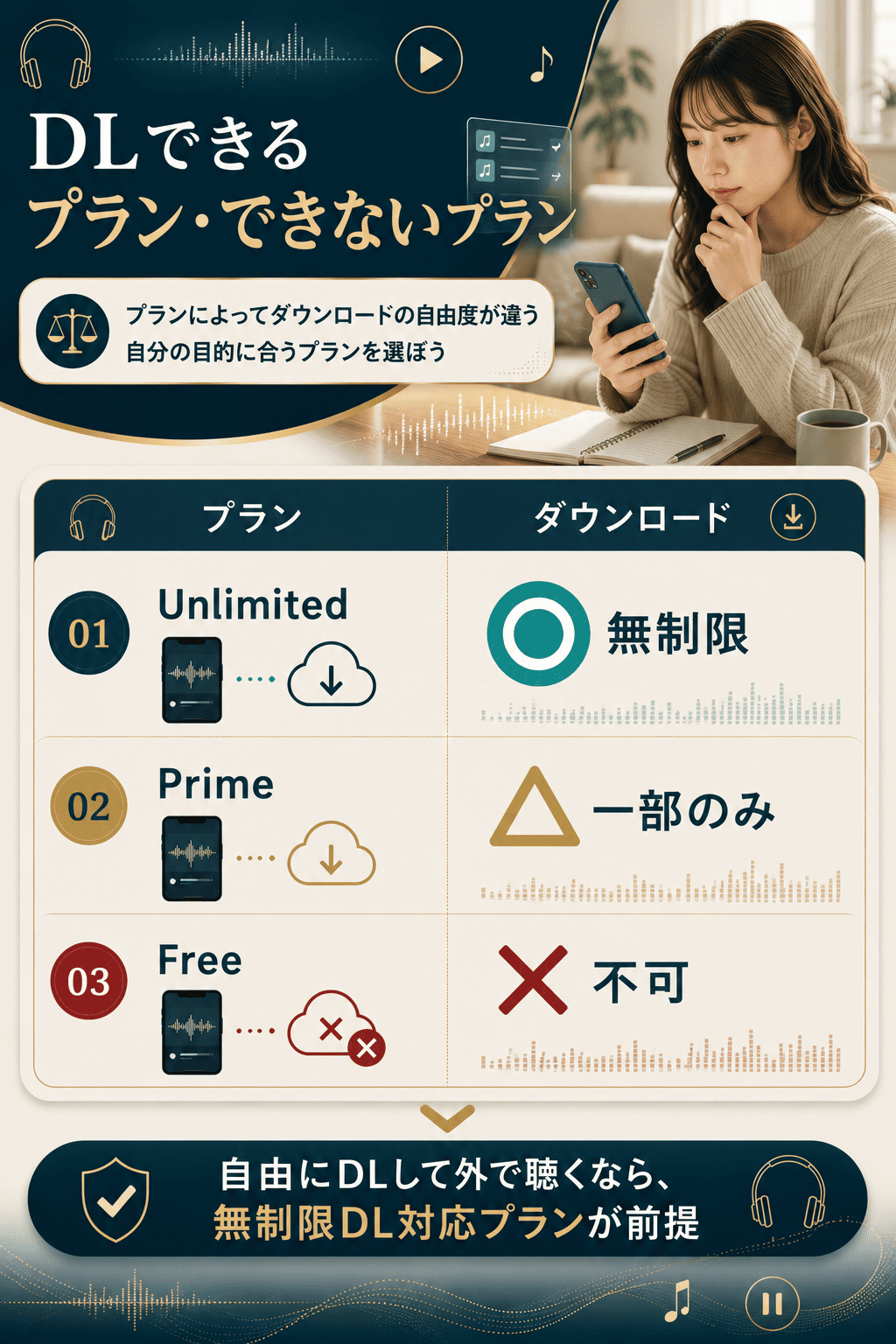 プラン別のダウンロード可否を◎△×で比較した表