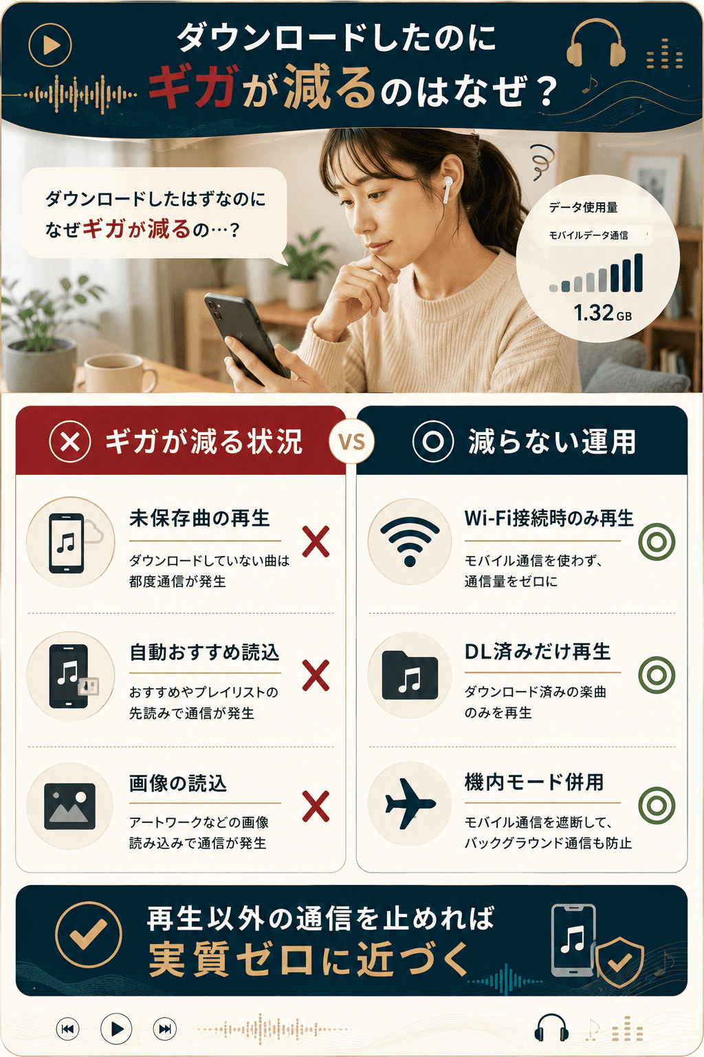 ダウンロード済みでもギガが減る原因と通信を抑える対策の対比図