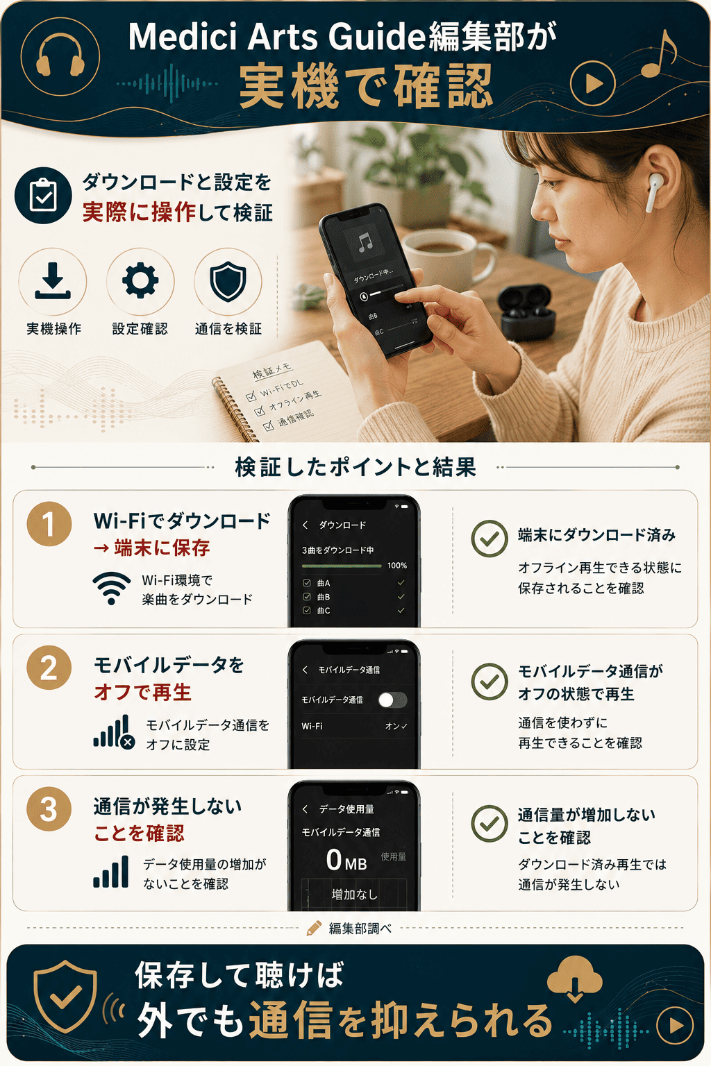 編集部が実機でダウンロード手順を確認するようすを示した図解