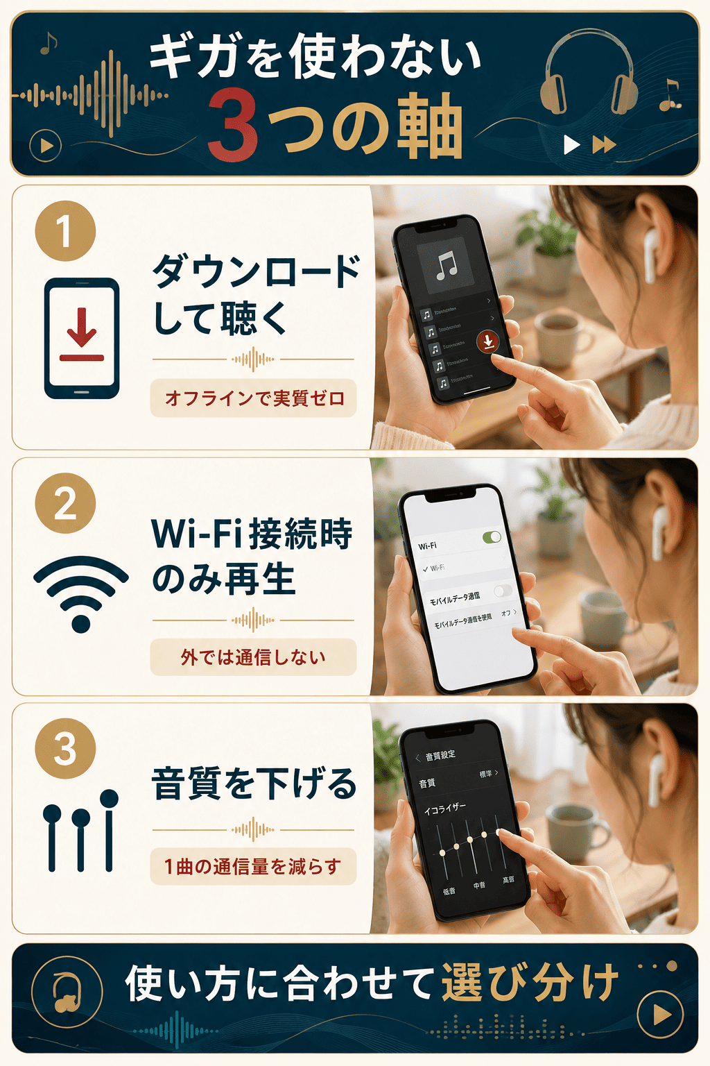 ダウンロード・Wi-Fi限定・音質ダウンというギガ節約3つの軸の図解