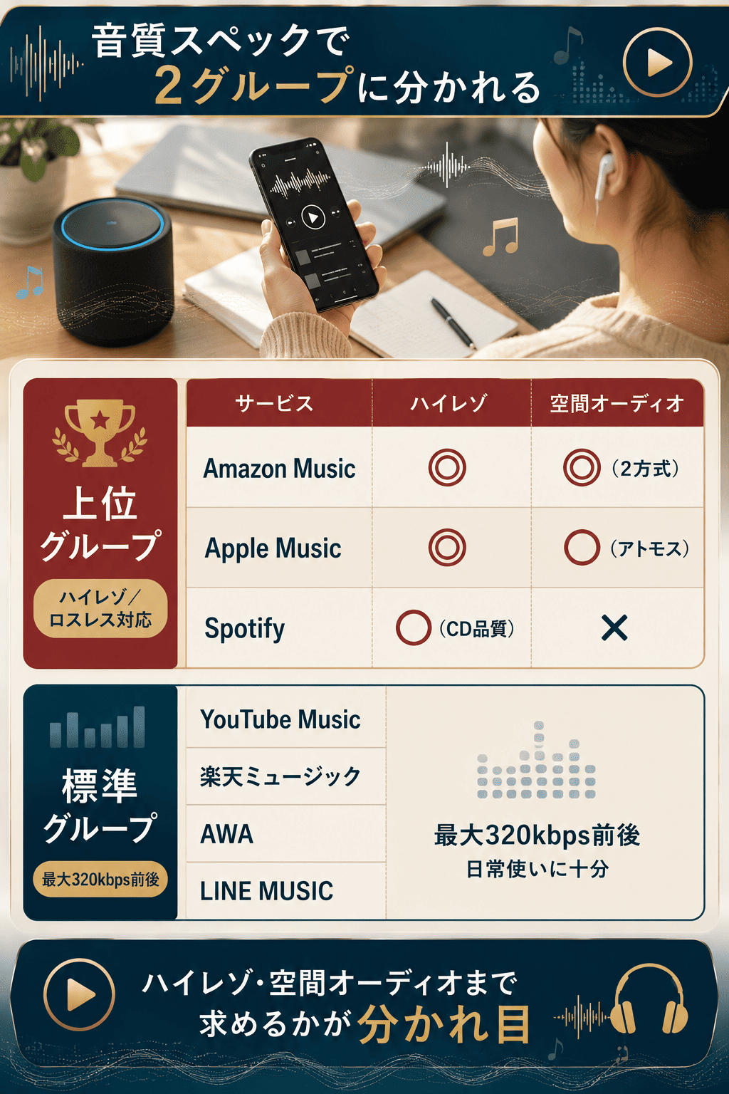 主要音楽サブスクを音質スペックで上位グループと標準グループに分けて整理した比較図解