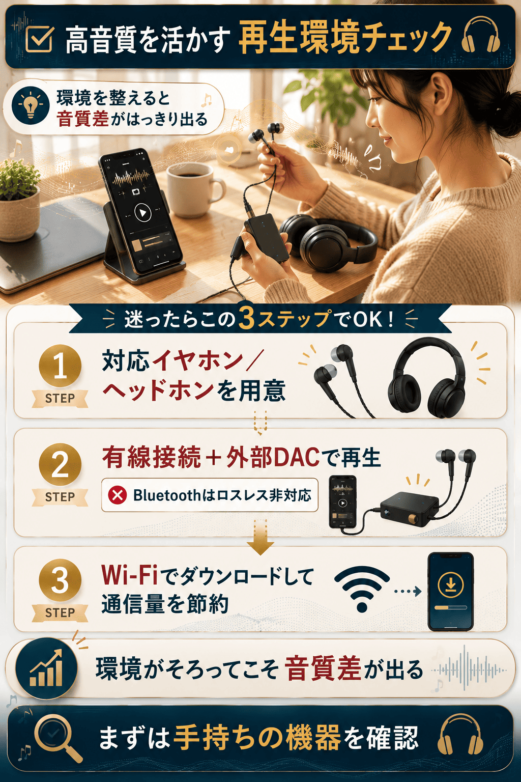ハイレゾの音質を活かす再生環境（対応イヤホン・有線接続・Wi-Fi）の確認ステップを示した図解