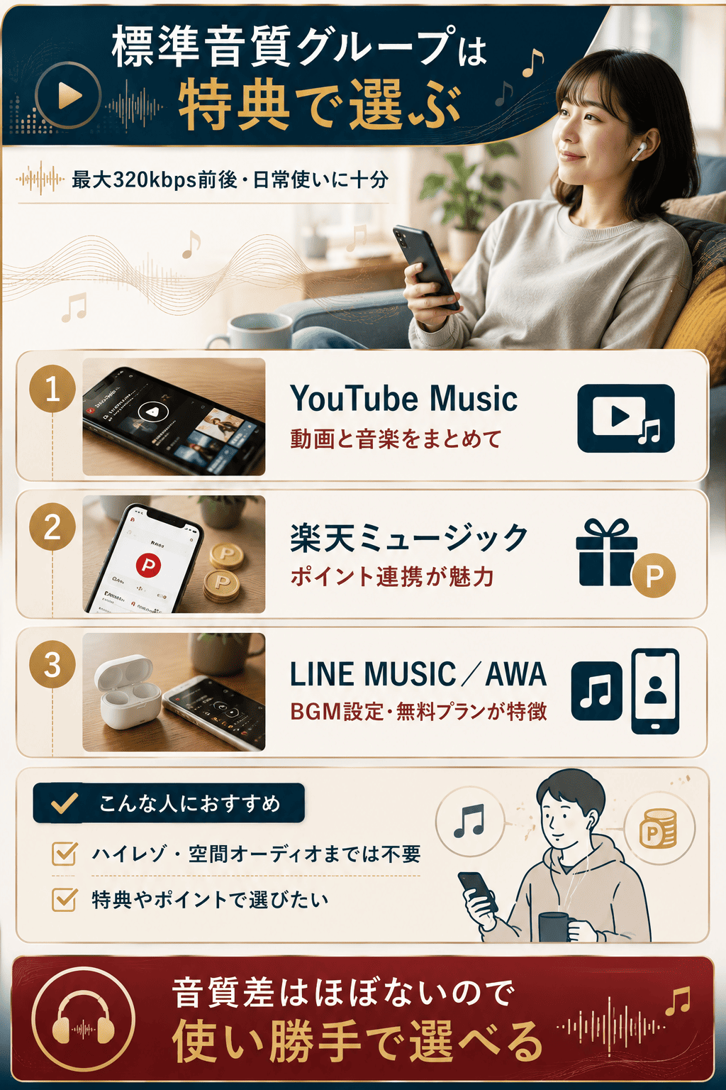 標準音質グループ（YouTube Music・楽天ミュージック・AWA・LINE MUSIC）の特徴を整理した図解