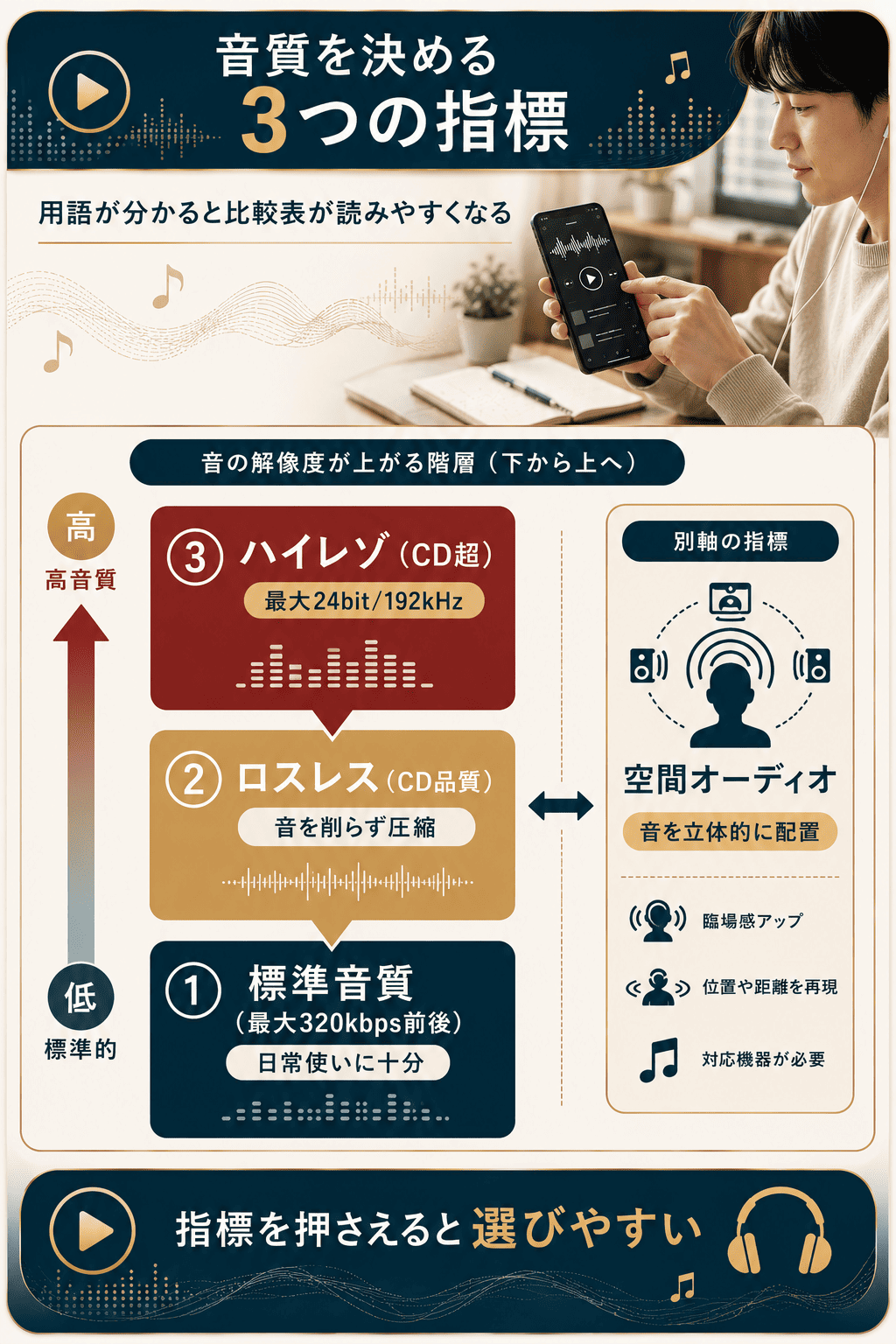音質を決めるビットレート・ロスレス・ハイレゾ・空間オーディオの関係を整理した図解