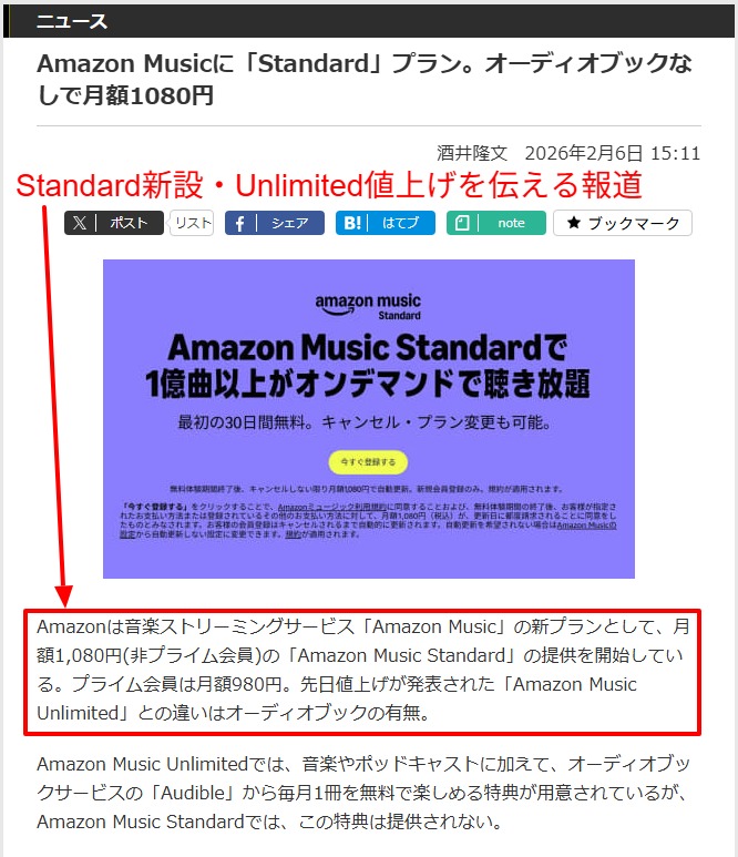 Amazon Music Standard新設を伝える報道記事の見出し