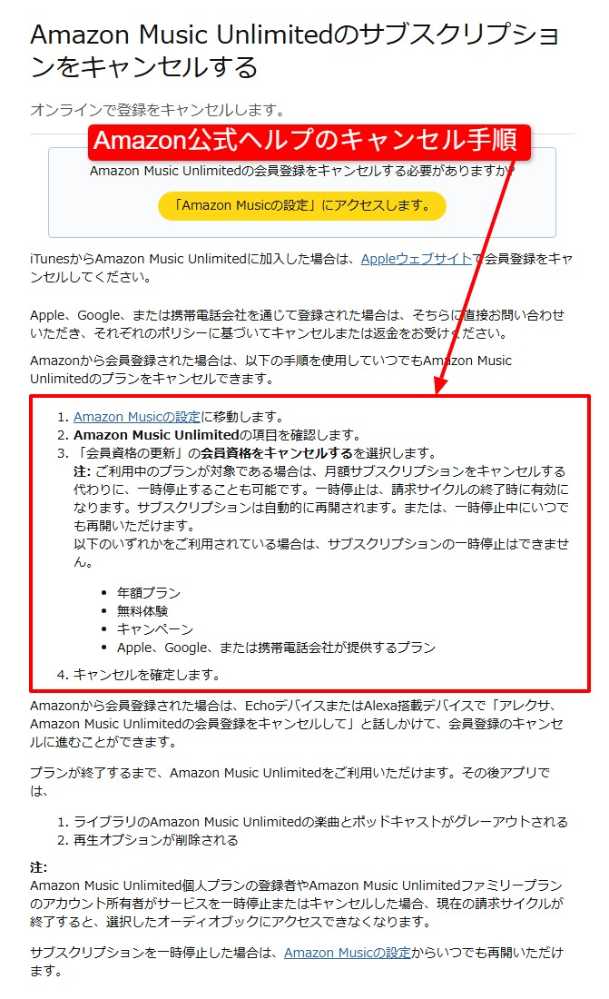 Amazon公式ヘルプのブラウザ解約手順ページのスクショ