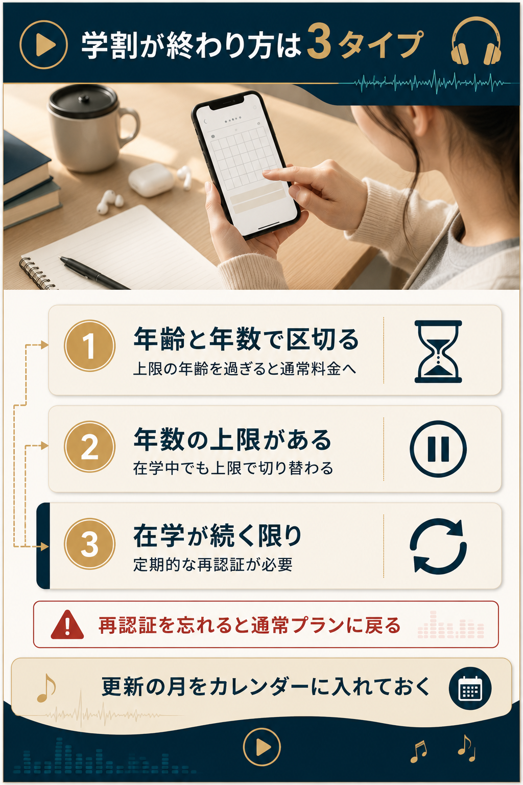 学割の終わり方3タイプと再認証の注意を示す図