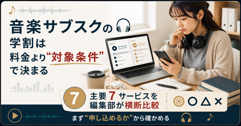 音楽サブスクの学割は対象条件で分かれることを示す図