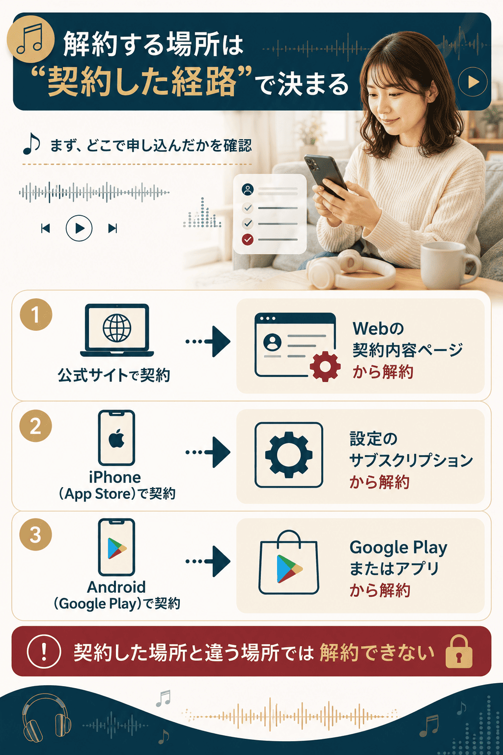 楽天ミュージックの課金経路別の解約場所を示す分岐図