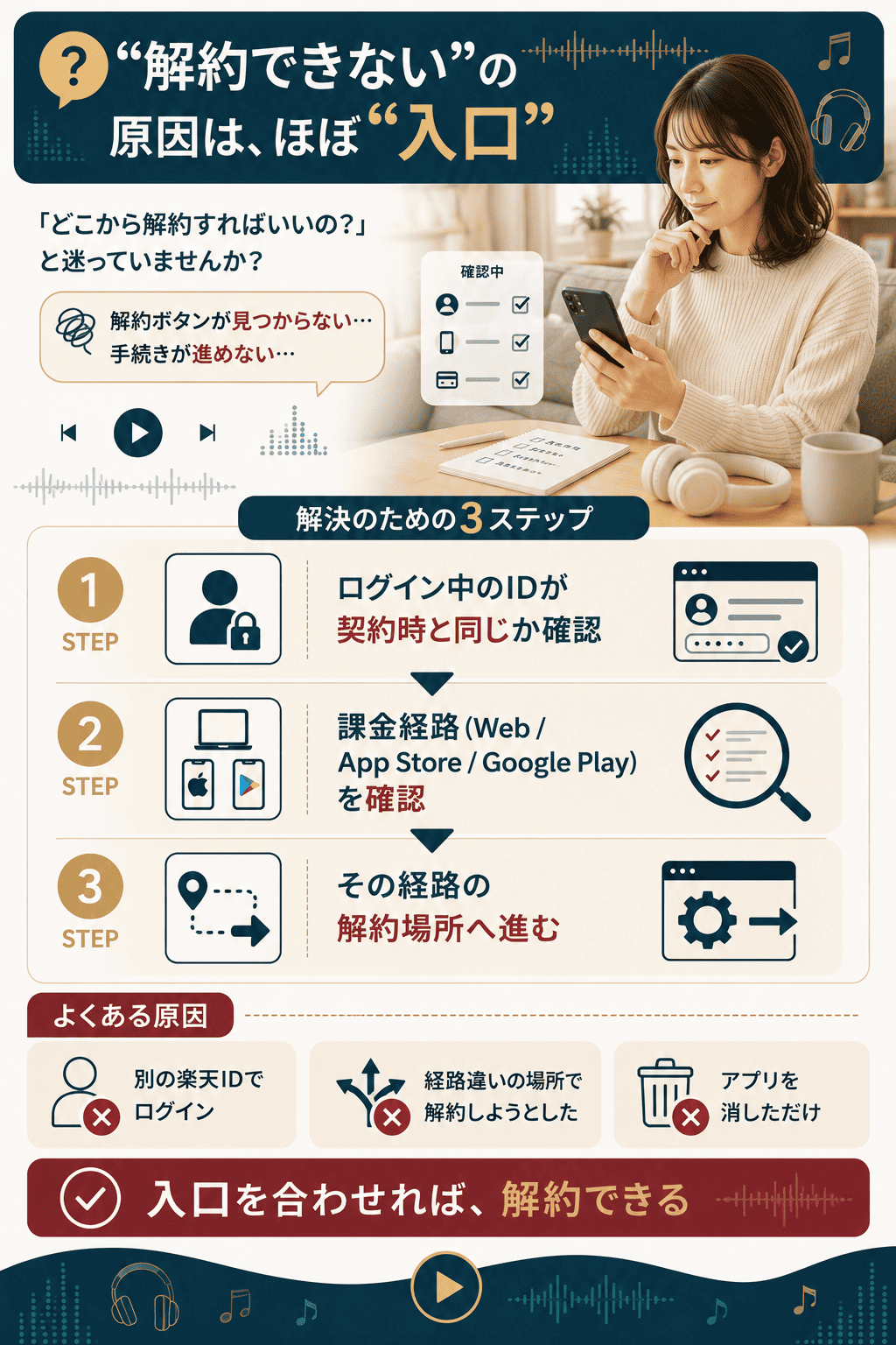 解約できないときの確認手順を示すフロー図