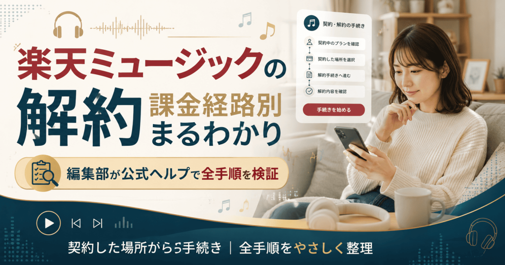 楽天ミュージックの解約手順を確認するリスナーの図解