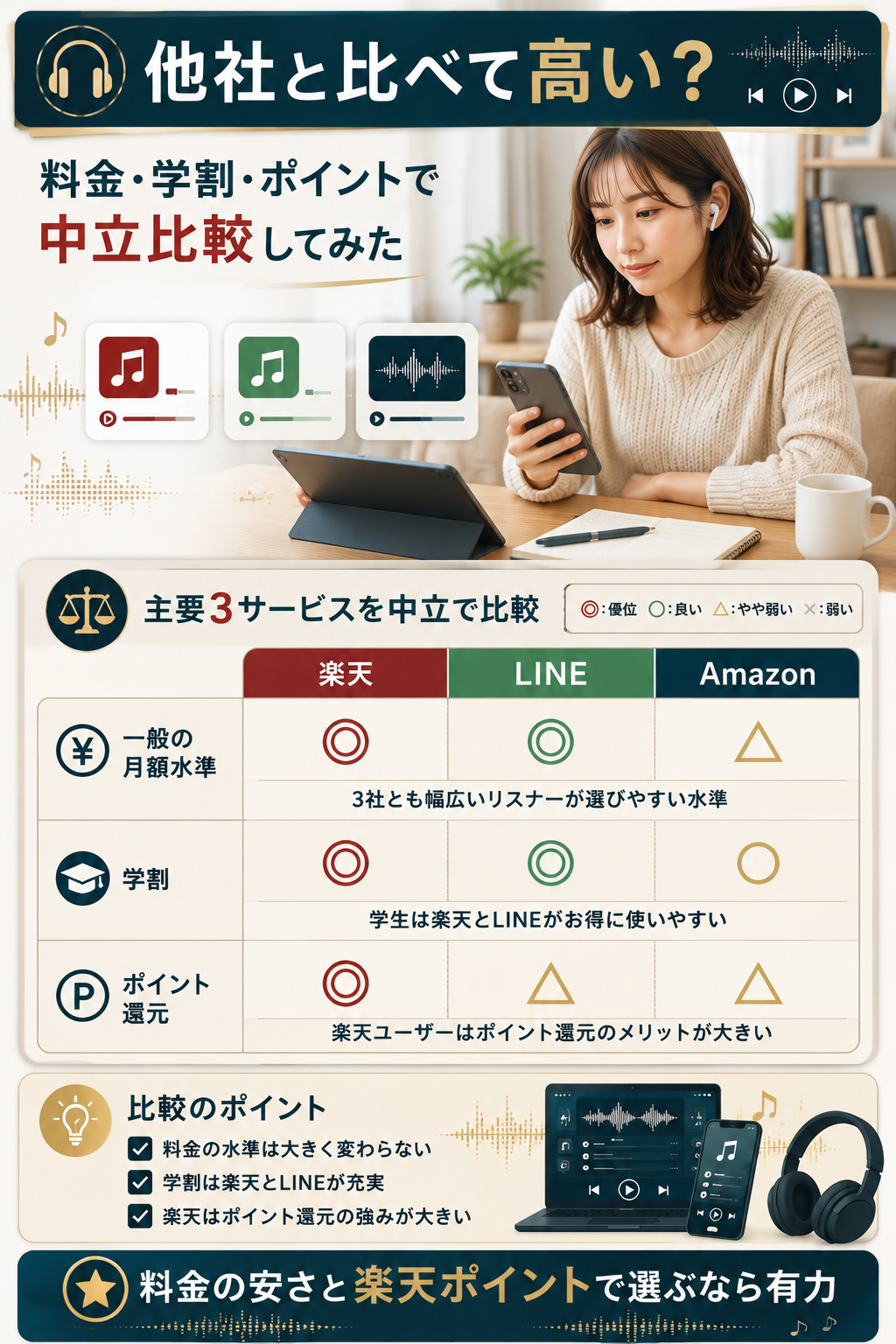 主要3サービスの料金・学割・還元の中立比較図