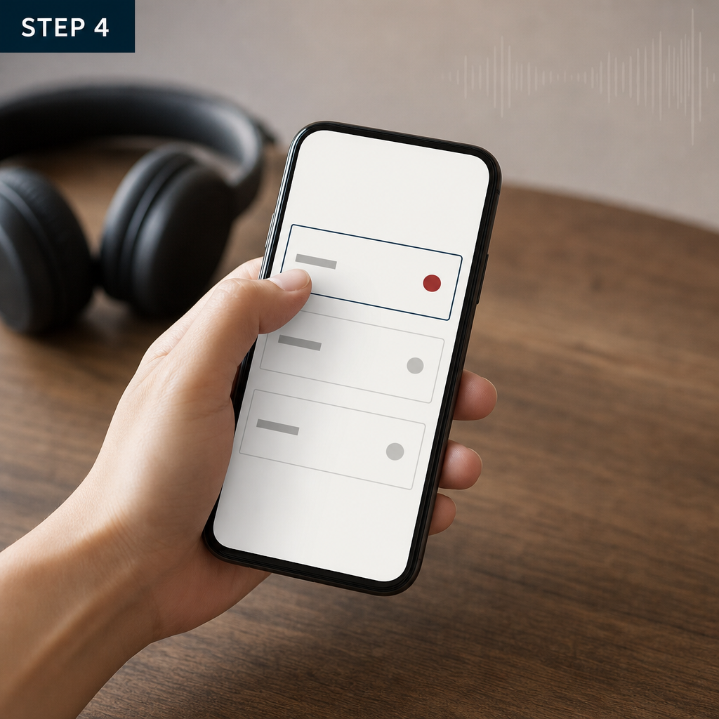 スマートフォンに縦に並んだ3つの選択肢から1つを指で選ぶ手元